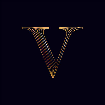 V letter golden logo. Shiny icon made of parallel lines on black background. Metallic gold, bronze, silver emblem for Super Sale.