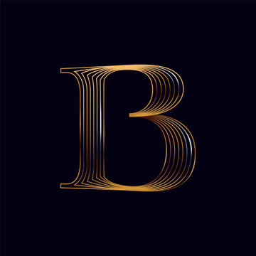 B letter golden logo. Shiny icon made of parallel lines on black background. Metallic gold, bronze, silver emblem for Super Sale.