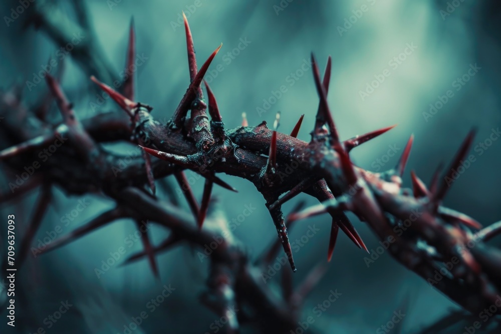 Poster a close-up view of thorns on a tree. this image can be used to depict nature, danger, or protection.