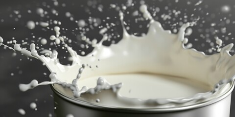 A bucket of milk with a splash of white liquid. Can be used to depict freshness, dairy products, or cooking recipes