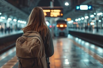 A woman with a backpack patiently waiting for a train. Suitable for transportation and travel concepts