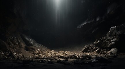 Mysterious dark cave with rays of light.