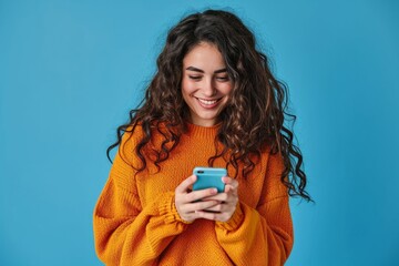 Young adult smiling happy pretty latin woman holding mobile phone looking at smartphone, typing message doing ecommerce shopping on cell Generative AI