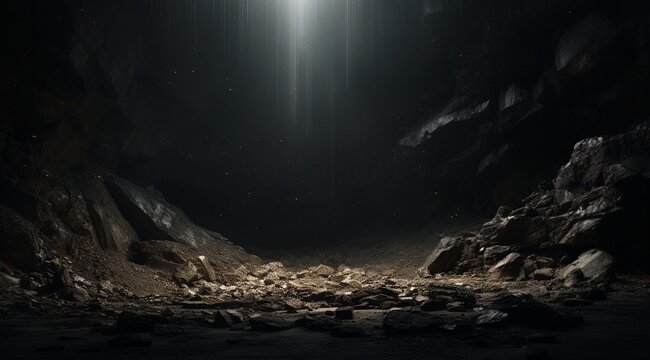 Mysterious dark cave with rays of light.