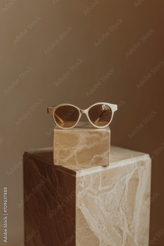 Poster Sunglasses sitting on top of a marble block. Versatile image suitable for various themes and concepts