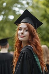 A woman wearing a graduation cap and gown. Perfect for showcasing academic achievement and celebrating educational milestones