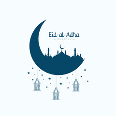 Eid al adha wishes, or greeting post eid al adha Islamic background design moon, with mosque, with social media eid al adha wishing sale, banner, vector illustration