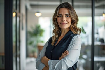 Smiling confident 45 years old Latin professional middle aged business woman corporate leader, happy mature female executive, lady manager standing. Generative AI