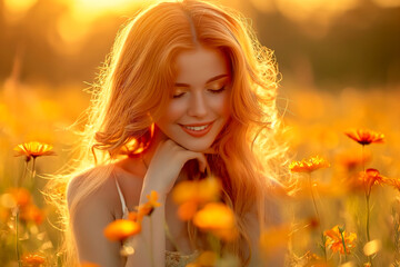 Calm sunset: graceful woman among nature. Caucasian female model, front view, in front of the camera. scene in an autumn park in the rays of the setting sun