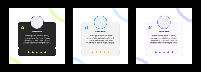 Customer review post template. Client feedback text in a box and rating with stars. Preparation of testimonials for a social media or website.