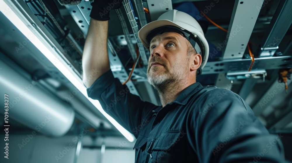 Poster a man wearing a hard hat is seen working on a machine. this image can be used to showcase industrial