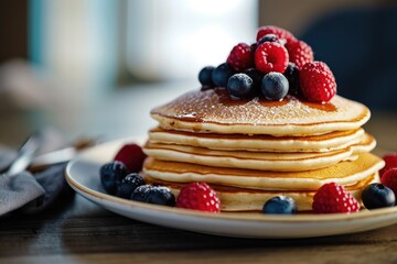 A stack of pancakes topped with fresh berries and a dusting of powdered sugar. Perfect for breakfast or brunch - obrazy, fototapety, plakaty