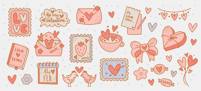 Valentine's Day Clip arts Set: Vector Collection of Love Themed Stickers. Isolated Romantic elements with Hearts, Messages, and Postage Stamp for Journal Stickers, Scrapbooking, and Greeting Cards