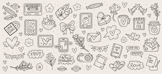 Valentine's Day Outline Elements Set: Vector Collection of Love Themed Doodles. Isolated Romantic clipart with Hearts, Messages, and Gift Box for Coloring Book, Scrapbooking, and Greeting Cards