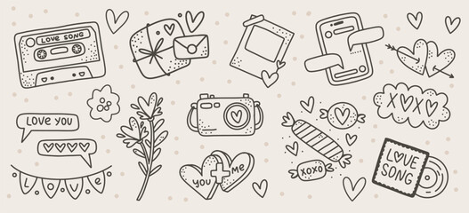 Valentine's Day Outline Elements Set: Vector Collection of Love Themed Doodles. Isolated Romantic clipart with Hearts, Music Tape, and Sweets for Coloring Book, Scrapbooking, and Greeting Cards