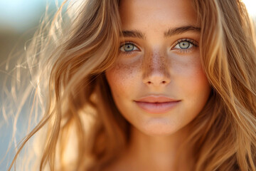Naklejka premium Portrait of a blonde girl of Slavic appearance with freckles without makeup