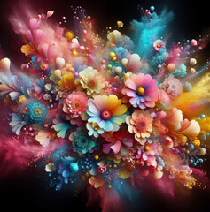 Fototapeta na wymiar Explosion of colored powder in the form of flowers, abstract colored background