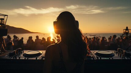 Beautiful female dj at beach party during sunset. Carefree life