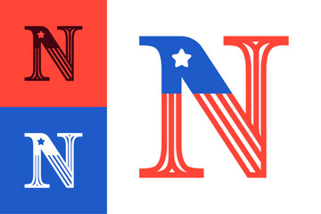 N letter logo made of American flag. Serif font with Star and Stripes. Classic icon for US history and 4th of July celebration. Perfect for sport team uniform and apparel, Independence Day invitations