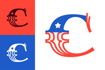 Euro sign made of American flag. Serif font with Star and Stripes. Classic icon for US history and 4th of July celebration. Perfect for sport team uniform and apparel, Independence Day invitations