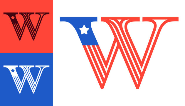 W letter logo made of American flag. Serif font with Star and Stripes. Classic icon for US history and 4th of July celebration. Perfect for sport team uniform and apparel, Independence Day invitations