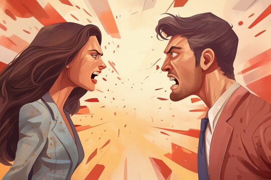 A man and woman arguing face to face. Conflict, quarrel and misunderstanding between males and females concept
