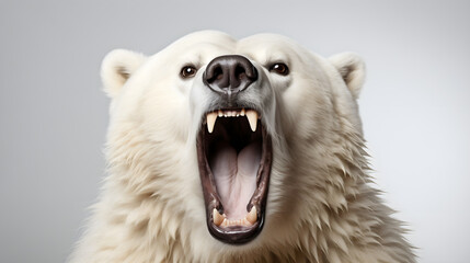 white polar bear roaring with white background