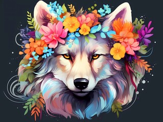 illustration of a colorful wolf with a flower crown on its head. generative ai