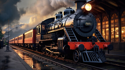 Fototapeta premium An old steam locomotive at the station, ready to depart