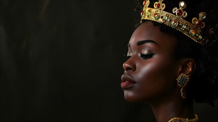 Portrait of a African woman wearing royal crown isolated on black background, Copy space