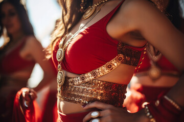 Belly dancers wearing a red costume with jewelery