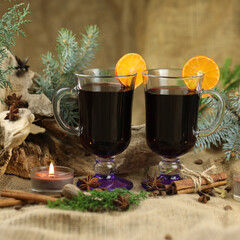 Glasses with mulled wine and spices