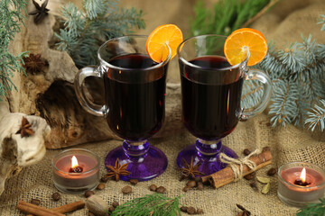 Glasses with mulled wine and spices