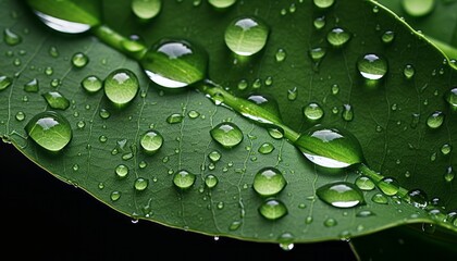 Super macro shot captivating raindrops on vibrant green leaf, revealing natures artistry