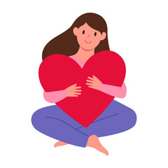 Love yourself, Self care, Woman hugging heart, acceptance and self love. Positive psychology, optimism and mental health. Poster or banner with happy girl. Flat vector illustration