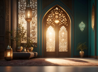 Ramadan kareem mihrab 3d render dark green color background