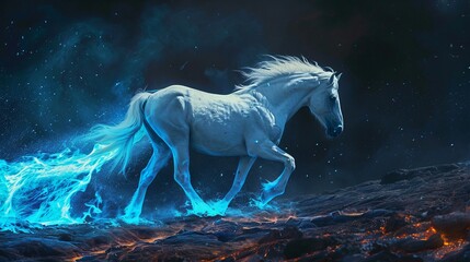 A cream stallion horse with wings, glowing blue eyes, slowly disintegrating in space after floating in space following a gigantic galatic battle leaving spaceship debris - obrazy, fototapety, plakaty