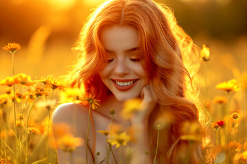 Fototapeta premium portrait of a beautiful young girl in the field at sunset, in the summer. Happy Woman Embracing the Day