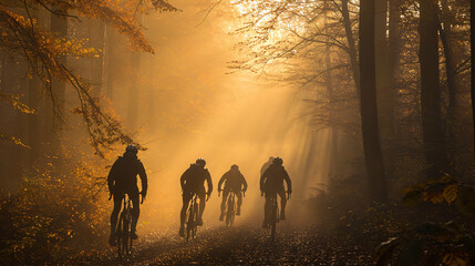 A group of cyclists pedaling through a misty forest at dawn.