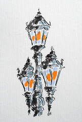 Street lights sketch created with black ink and markers. Color illustration on watercolor paper
