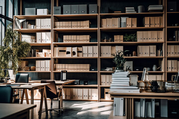 Empty office with wooden shelves, racks filled with documents and files. Office background.