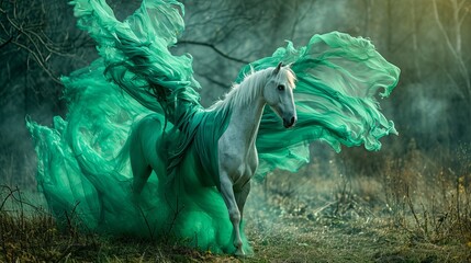 Fototapeta premium A cream stallion horse with wings, glowing blue eyes, slowly disintegrating in space after floating in space following a gigantic galatic battle leaving spaceship debris