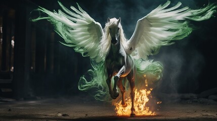 A cream stallion horse with wings, glowing blue eyes, slowly disintegrating in space after floating in space following a gigantic galatic battle leaving spaceship debris