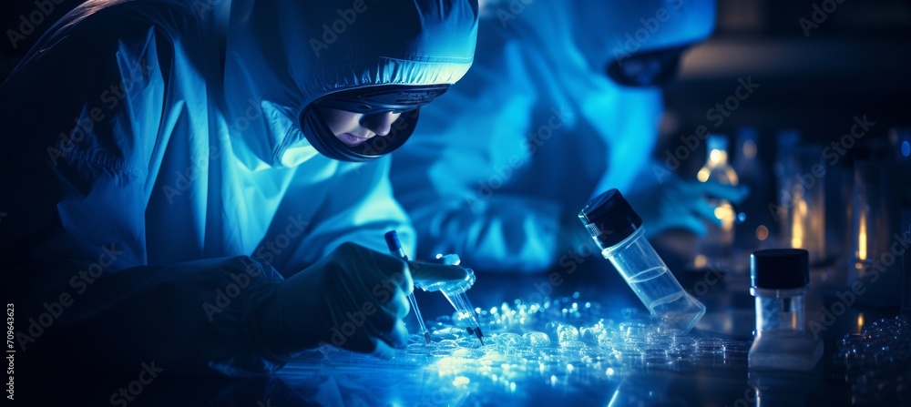 Poster diverse female scientists with clear solution in laboratory copy space on blurred background