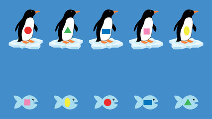 Obraz premium Penguins and fish on ice floes. Vector illustration.