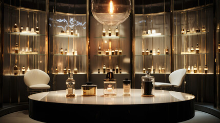 Glass bottles with various colors of perfume. Luxury perfume showroom store. - obrazy, fototapety, plakaty