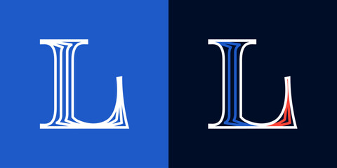 Letter L sport logo. Blue and red lines font. Patriotic emblem for Independence or Veterans Day.