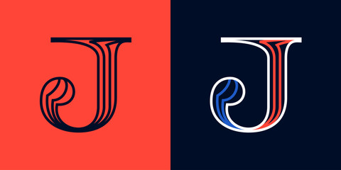 Letter J sport logo. Blue and red lines font. Patriotic emblem for Independence or Veterans Day.