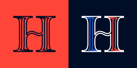 Letter H sport logo. Blue and red lines font. Patriotic emblem for Independence or Veterans Day.
