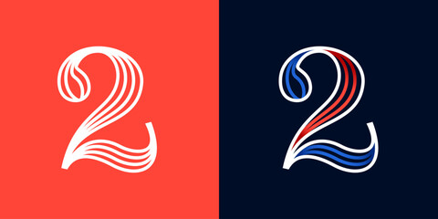 2 logo. Number two sport style icon. Blue and red lines font. Patriotic emblem for Independence Day.